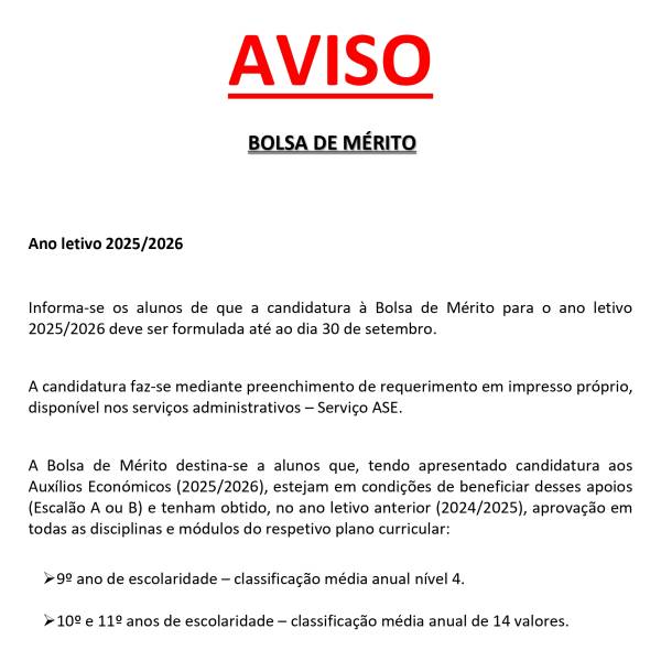 AVISO BOLSA DE MÉRITO Ano letivo 2025/2026